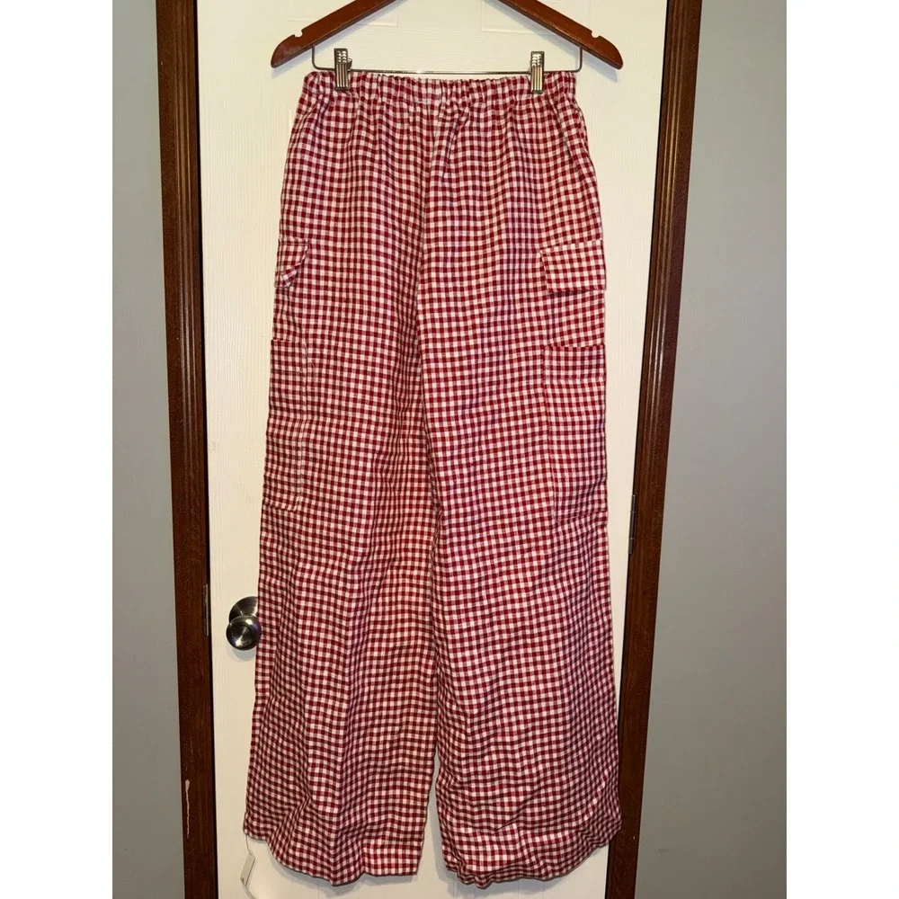 Reformation Ethan Linen Pant Tomato Check Red Gingham Cargo Pants Size S NEW